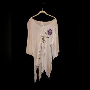 White Floral Asymmetrical Top 100% Cotton Purple Flowers Gauzy Oversized Boho